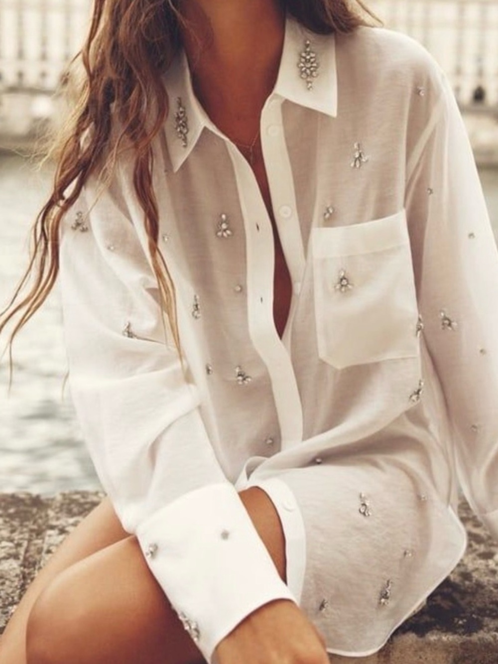 Zara White Shirt with Crystal Embellishments